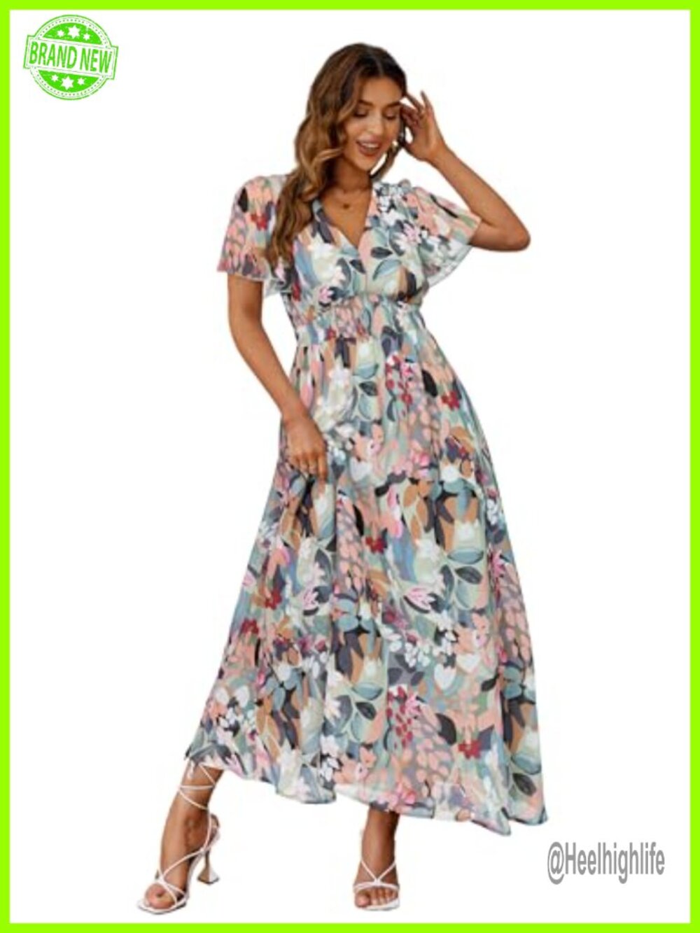Boho Floral Maxi Dress V Neck Short Sleeve A-Line Wedding Guest